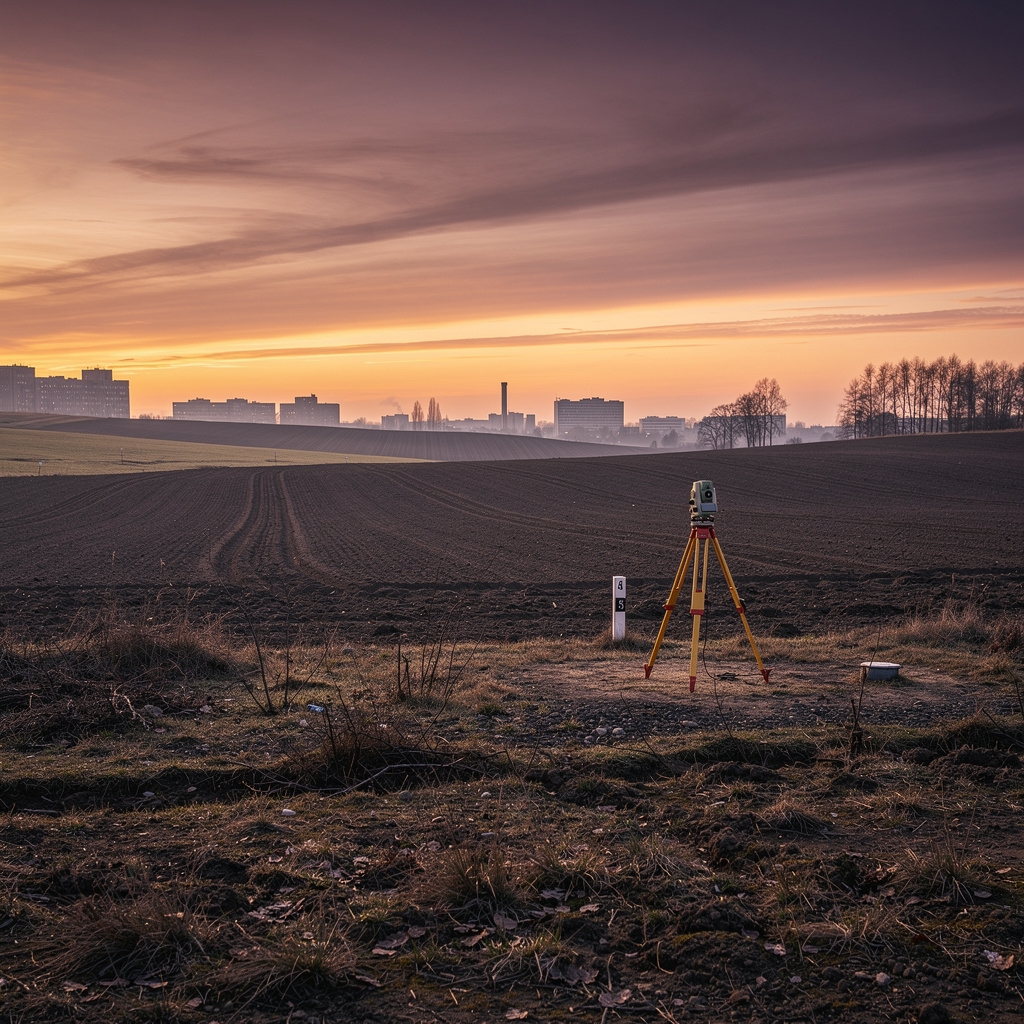 Panoramiczny widok terenu inwestycyjnego podczas zachodu słońca