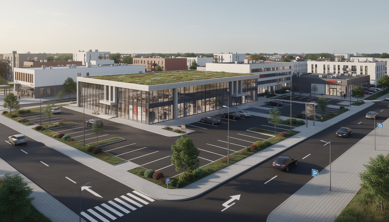 Wizualizacja 3D terenu komercyjnego z parkingiem i zielenią